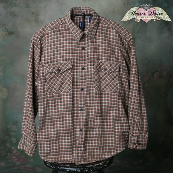 Gap Boys Flannel Button Down Shirt Rust Khaki Brown Ivory 2 Pocket Cozy Soft - Picture 1 of 5